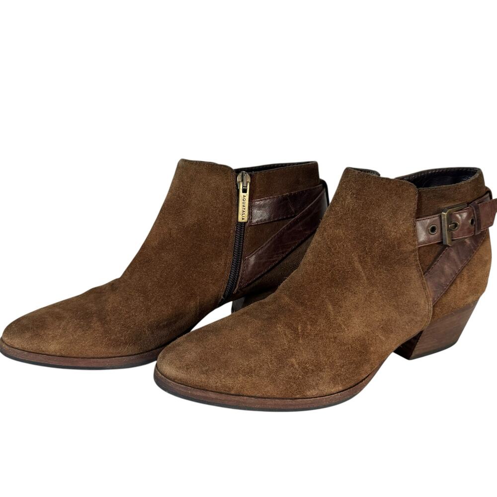 Aquatalia Brown Suede Leather Ankle Boots Buckle Strap Block Booties Size 7.5